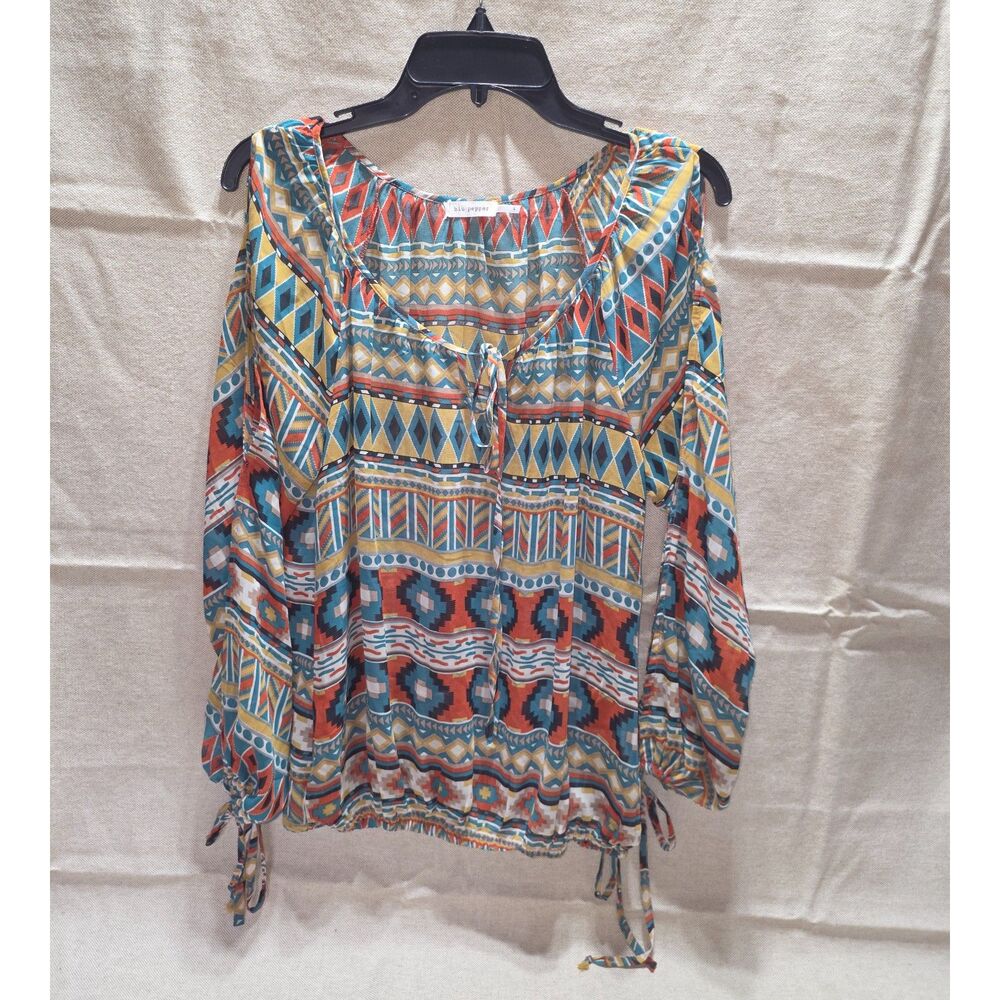 Blu Pepper Aztec Geometric Cold Shoulder Top Festival Sheer Boho Blouse-Large